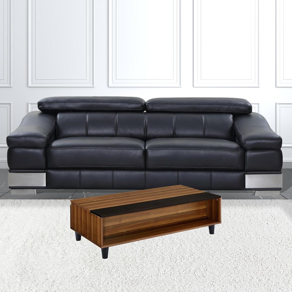 47" Walnut And Black Rectangular Lift Top Coffee Table With Shelf. Picture 3