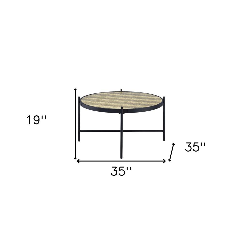 35" Black And Gold Glass And Manufactured Wood Round Coffee Table. Picture 5