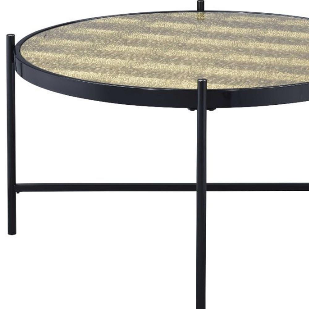 35" Black And Gold Glass And Manufactured Wood Round Coffee Table. Picture 4