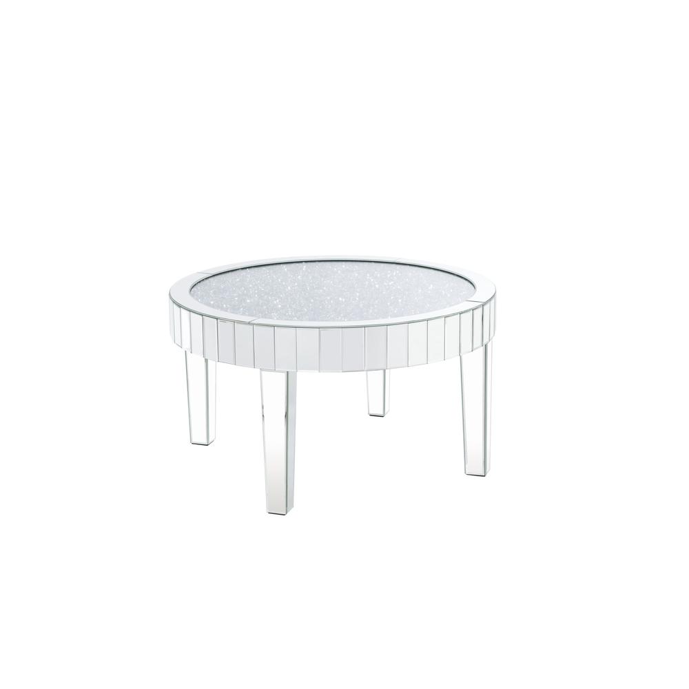 32" Silver And Clear Glass And Manufactured Wood Round Mirrored Coffee Table. Picture 1