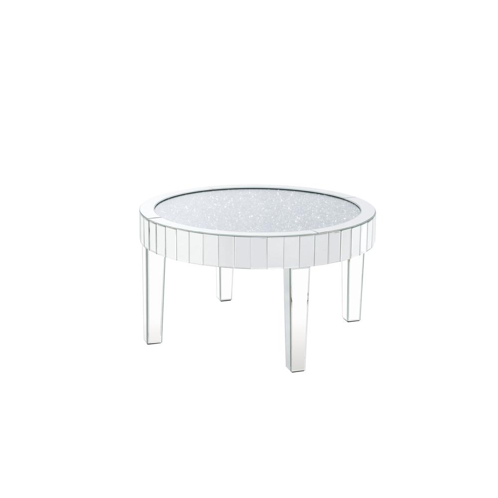 32" Silver And Clear Glass And Manufactured Wood Round Mirrored Coffee Table. Picture 2