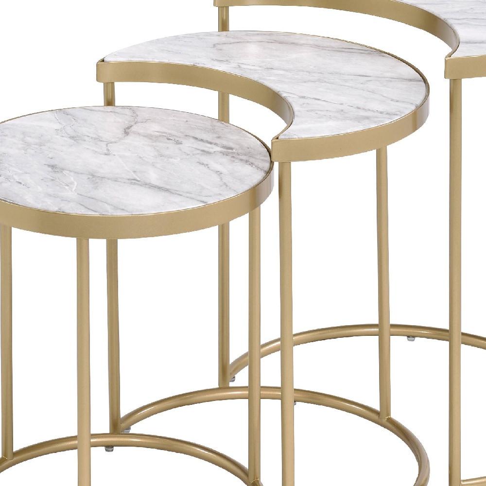 24" Gold And Faux Marble Paper Veneer And Metal Round Nested Coffee Tables. Picture 5