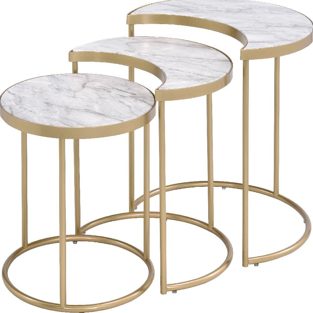 24" Gold And Faux Marble Paper Veneer And Metal Round Nested Coffee Tables. Picture 3