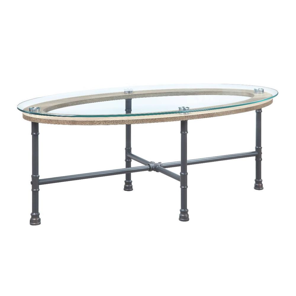 47" Sandy Gray And Clear Glass And Metal Oval Coffee Table. Picture 1