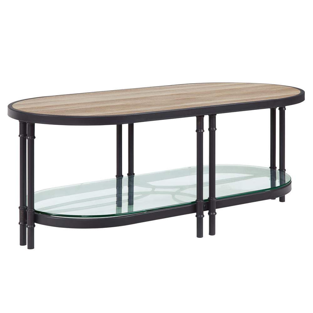 47" Sandy Black And Oak Paper Veneer And Metal Oval Coffee Table With Shelf. Picture 1