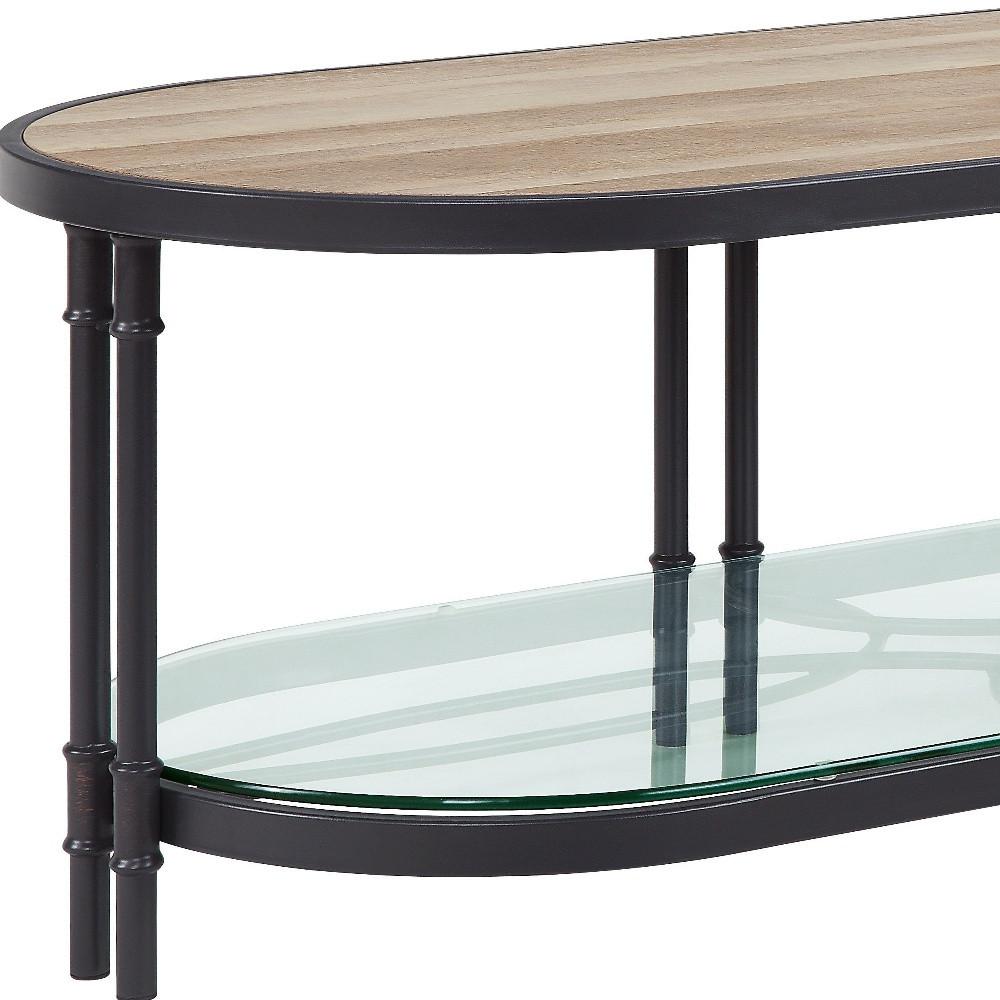47" Sandy Black And Oak Paper Veneer And Metal Oval Coffee Table With Shelf. Picture 5