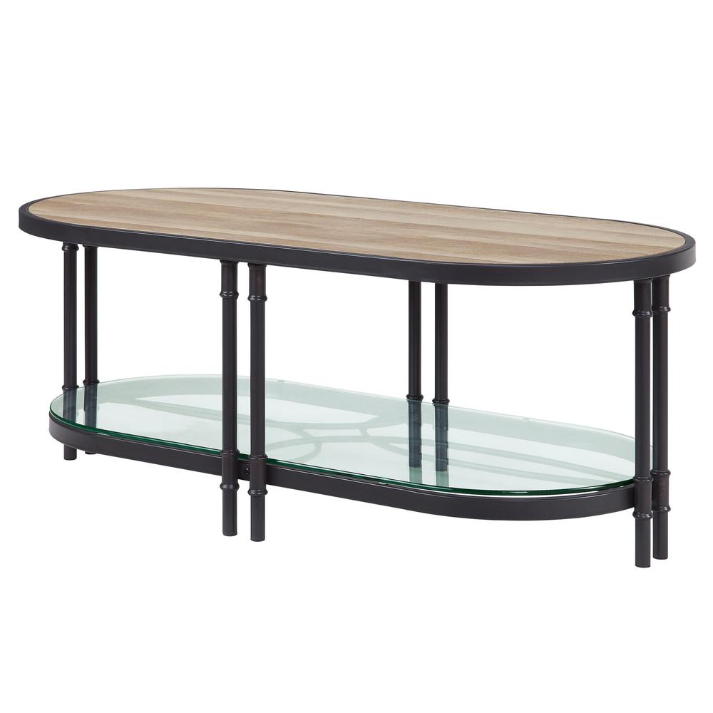 47" Sandy Black And Oak Paper Veneer And Metal Oval Coffee Table With Shelf. Picture 2