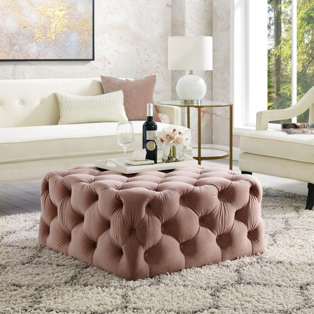 33" Blush Velvet And Black Rolling Tufted Cocktail Ottoman. Picture 6