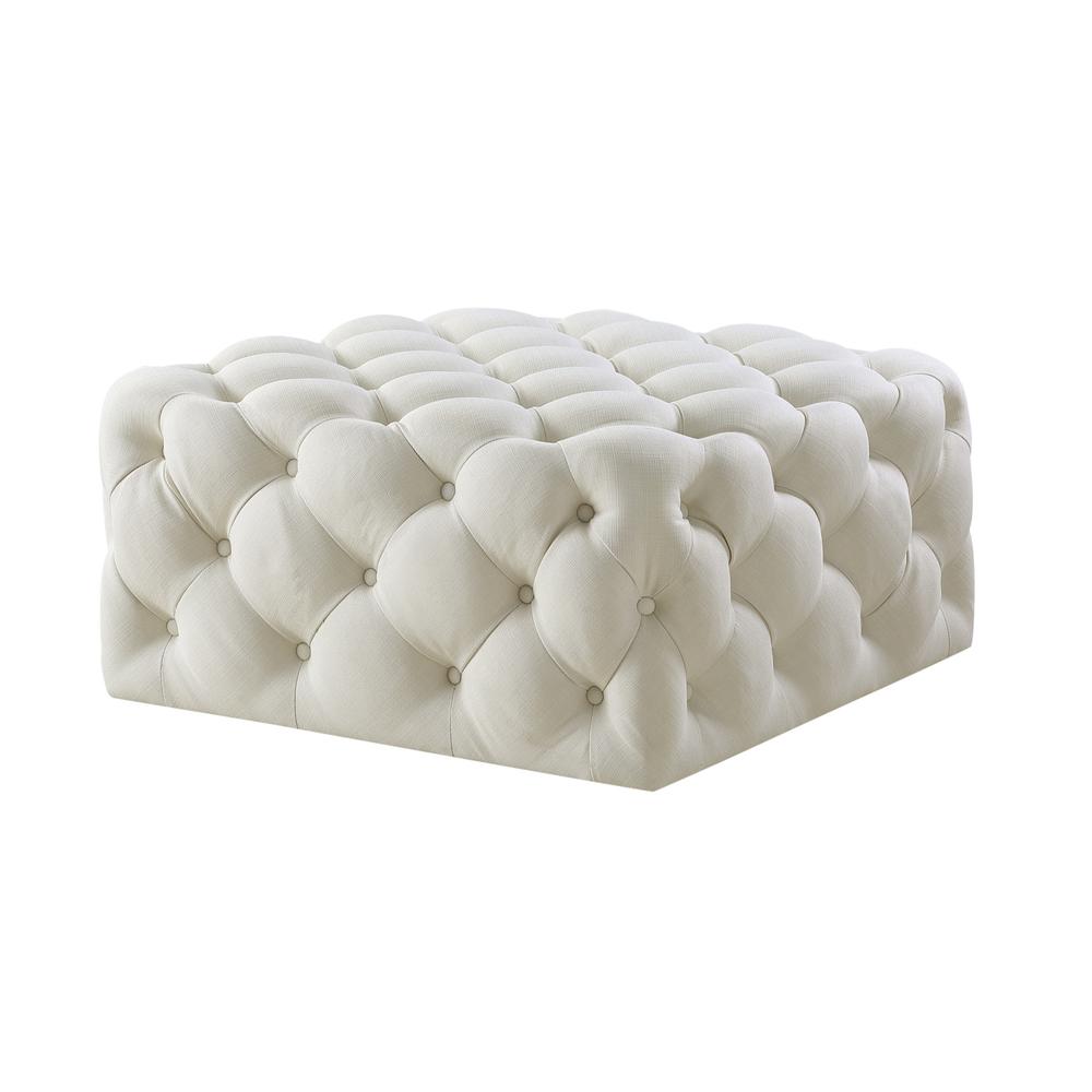 33" White Linen And Black Rolling Tufted Cocktail Ottoman. Picture 1