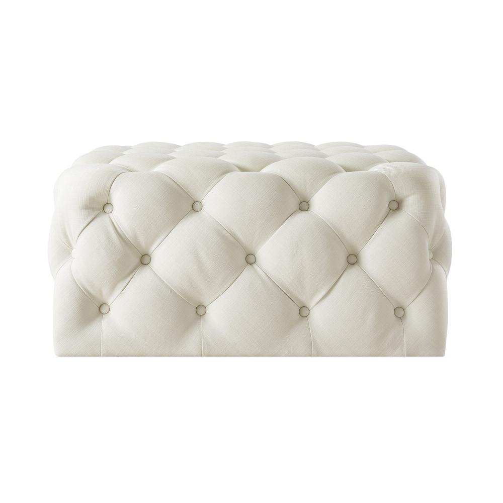 33" White Linen And Black Rolling Tufted Cocktail Ottoman. Picture 2