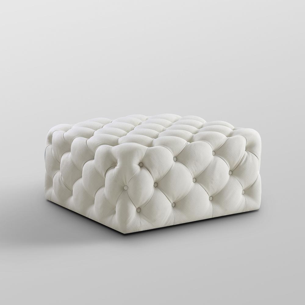 33" White Linen And Black Rolling Tufted Cocktail Ottoman. Picture 5