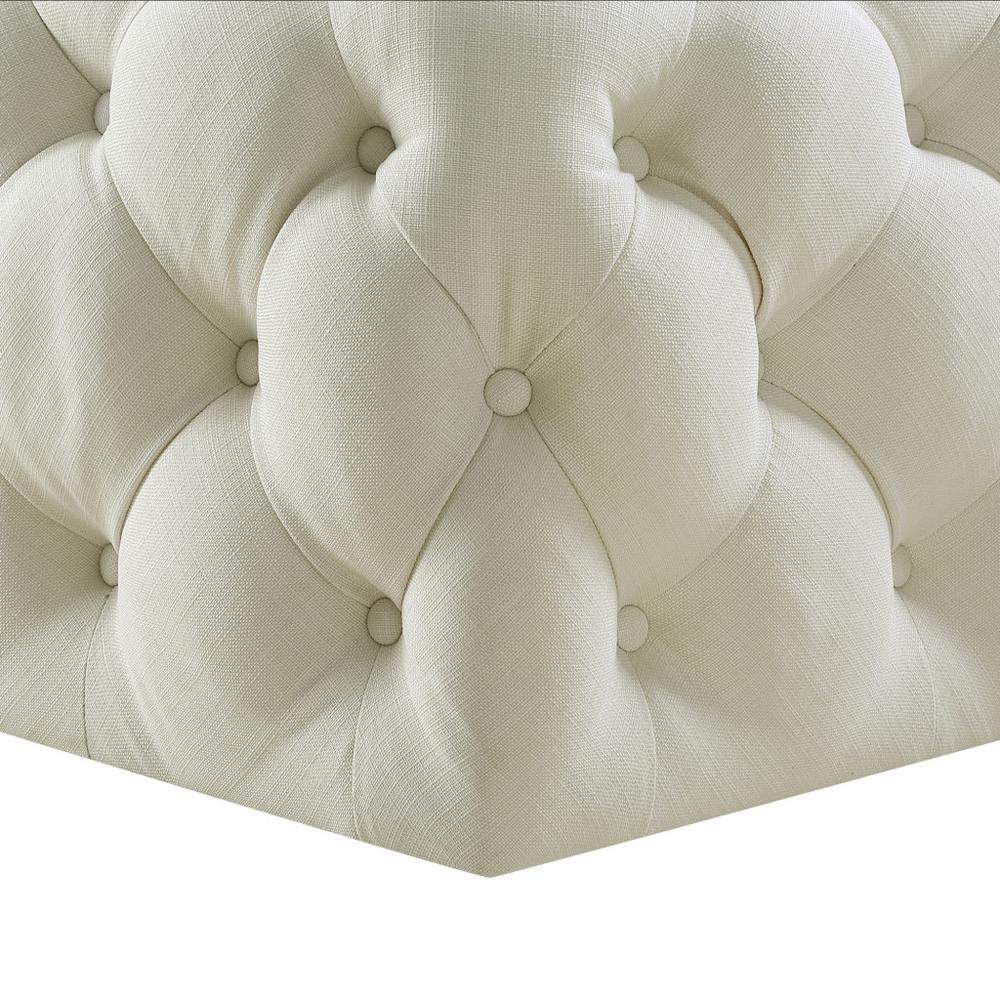 33" White Linen And Black Rolling Tufted Cocktail Ottoman. Picture 4