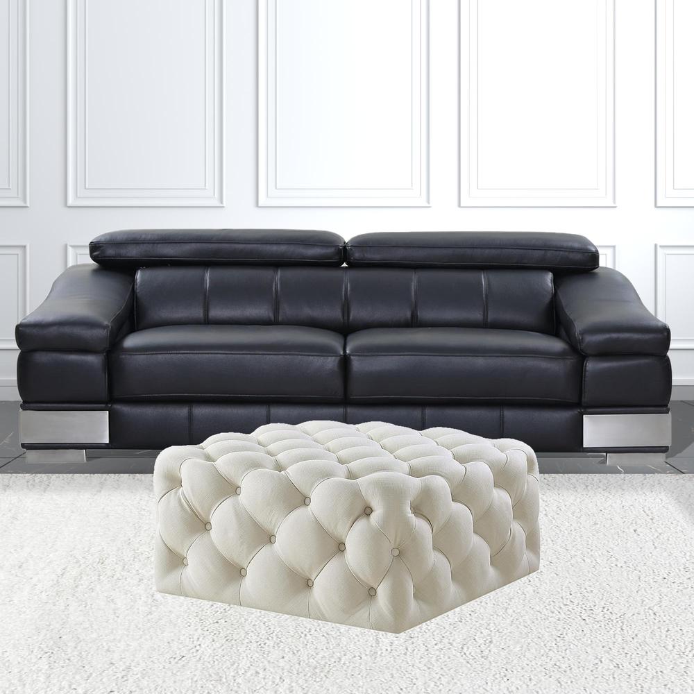 33" White Linen And Black Rolling Tufted Cocktail Ottoman. Picture 3