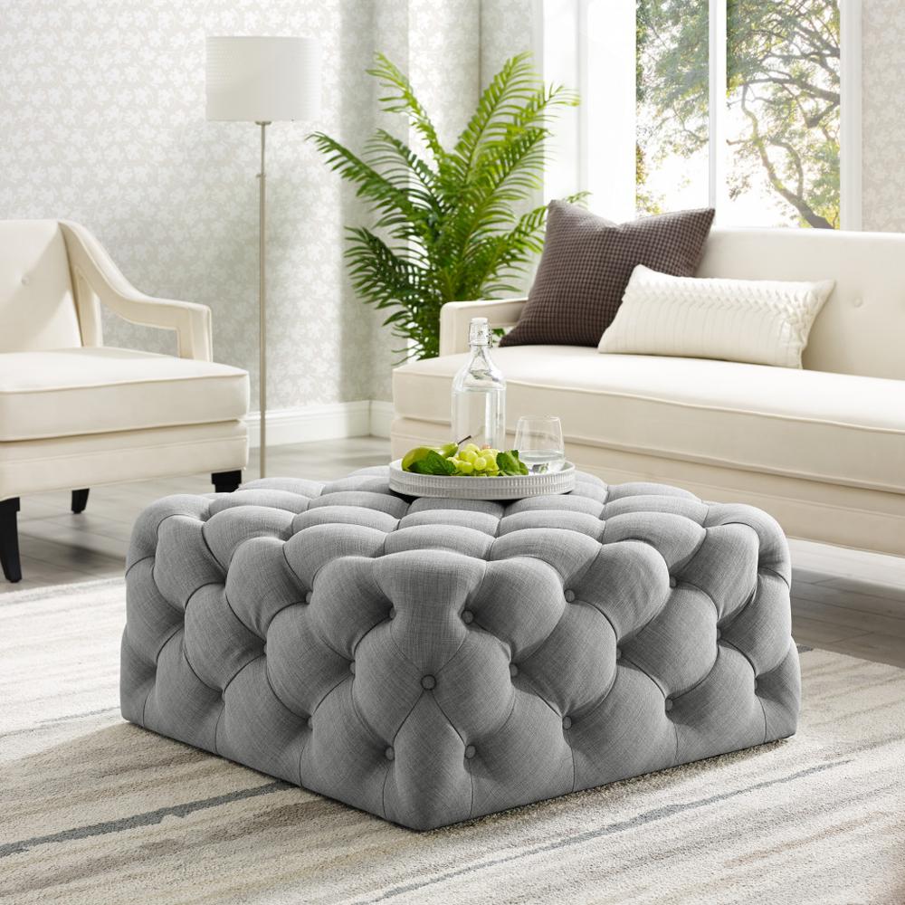 33" Light Gray Linen And Black Rolling Tufted Cocktail Ottoman. Picture 6