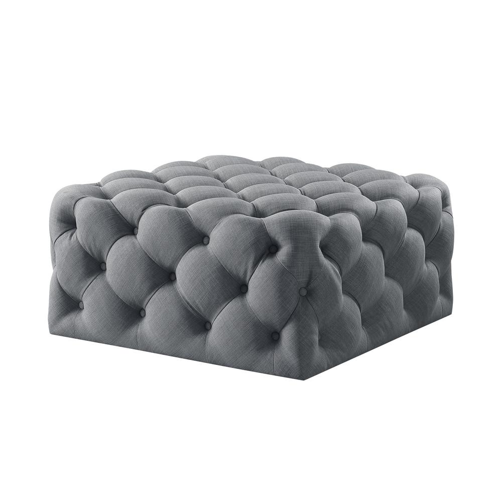 33" Light Gray Linen And Black Rolling Tufted Cocktail Ottoman. Picture 1