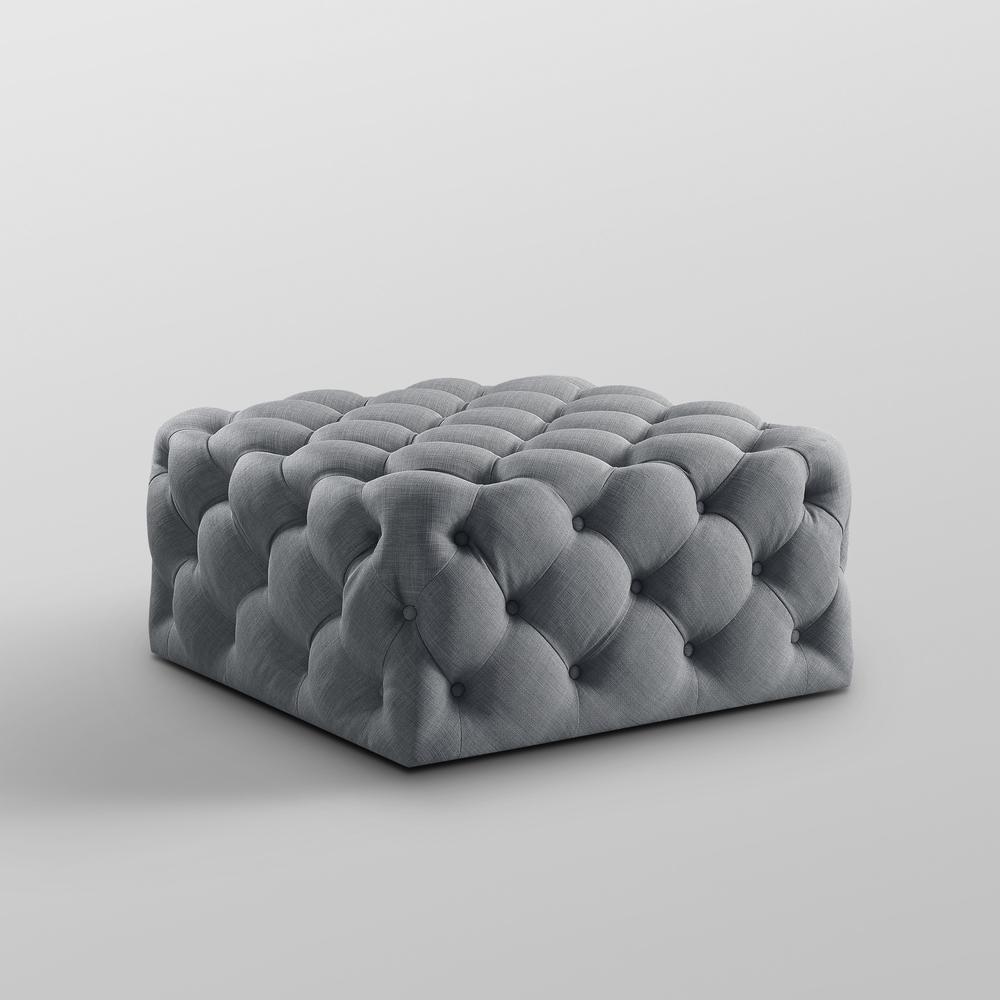 33" Light Gray Linen And Black Rolling Tufted Cocktail Ottoman. Picture 5