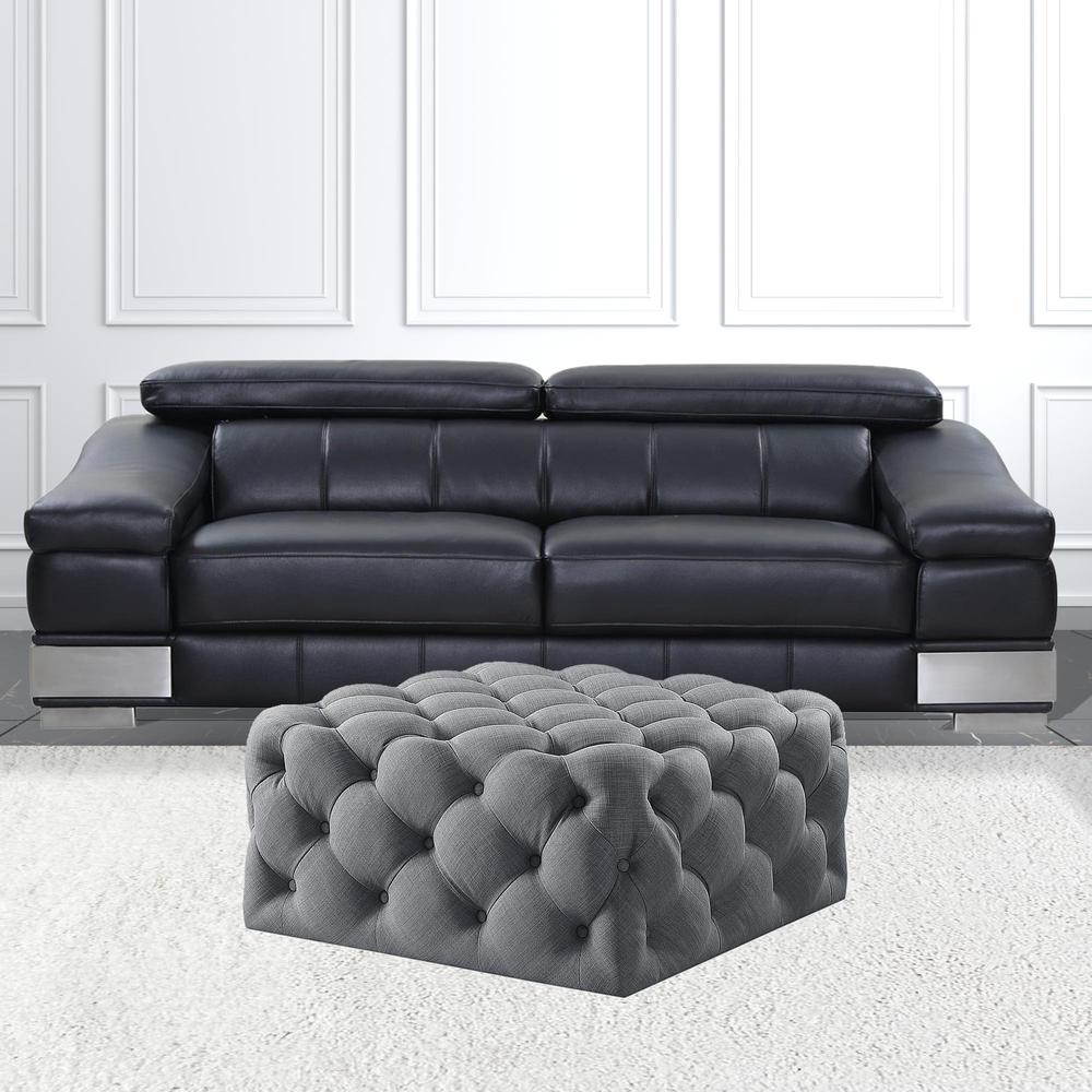 33" Light Gray Linen And Black Rolling Tufted Cocktail Ottoman. Picture 3