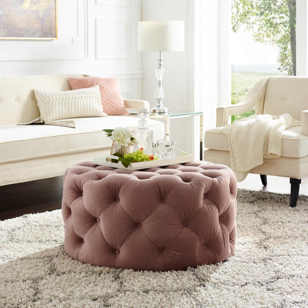 33" Blush Velvet And Black Rolling Tufted Round Cocktail Ottoman. Picture 7