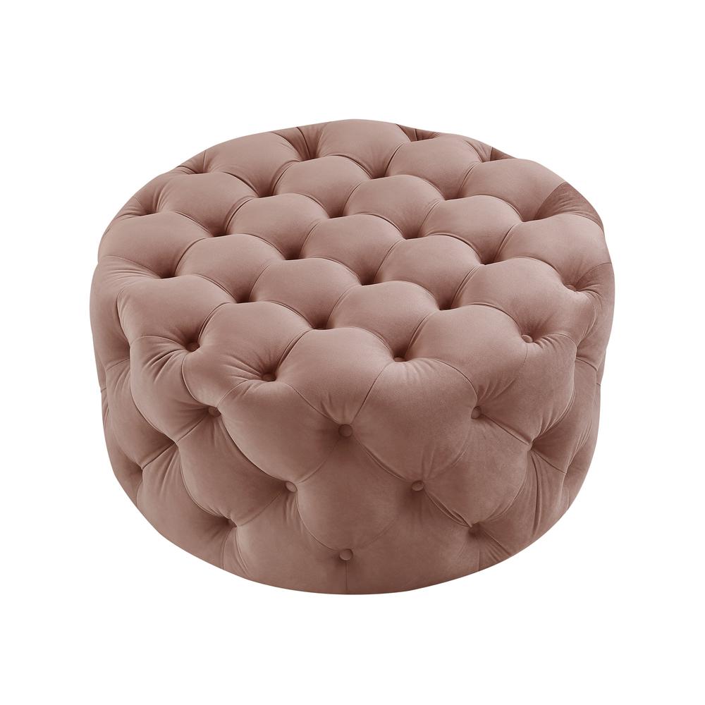 33" Blush Velvet And Black Rolling Tufted Round Cocktail Ottoman. Picture 2