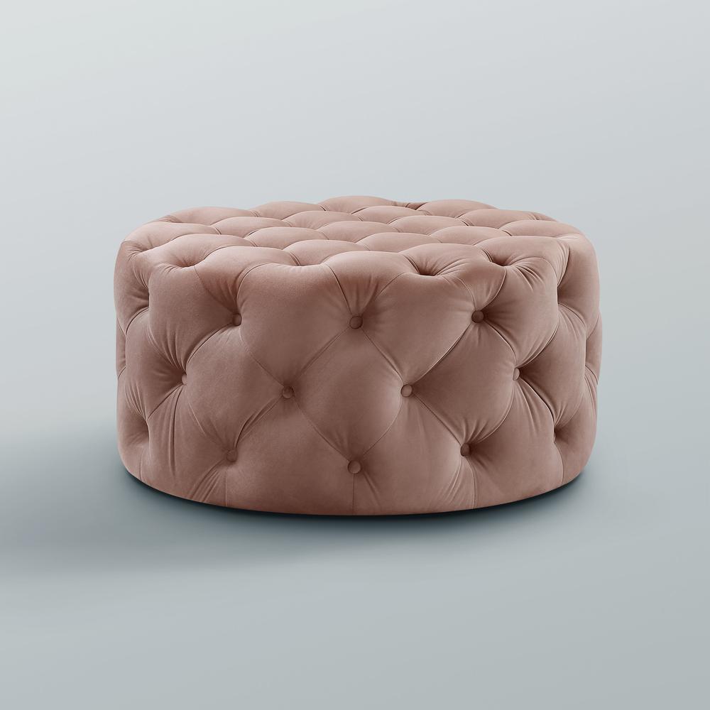 33" Blush Velvet And Black Rolling Tufted Round Cocktail Ottoman. Picture 6