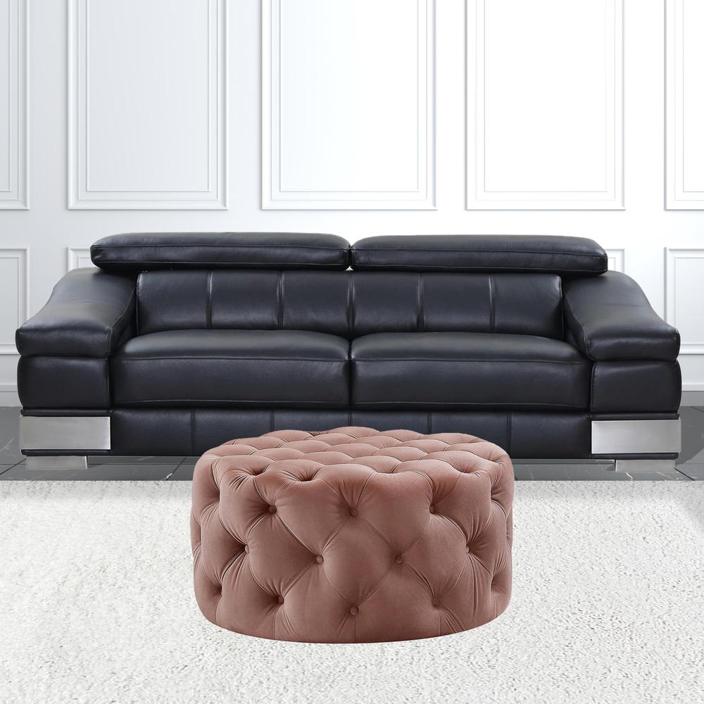 33" Blush Velvet And Black Rolling Tufted Round Cocktail Ottoman. Picture 3