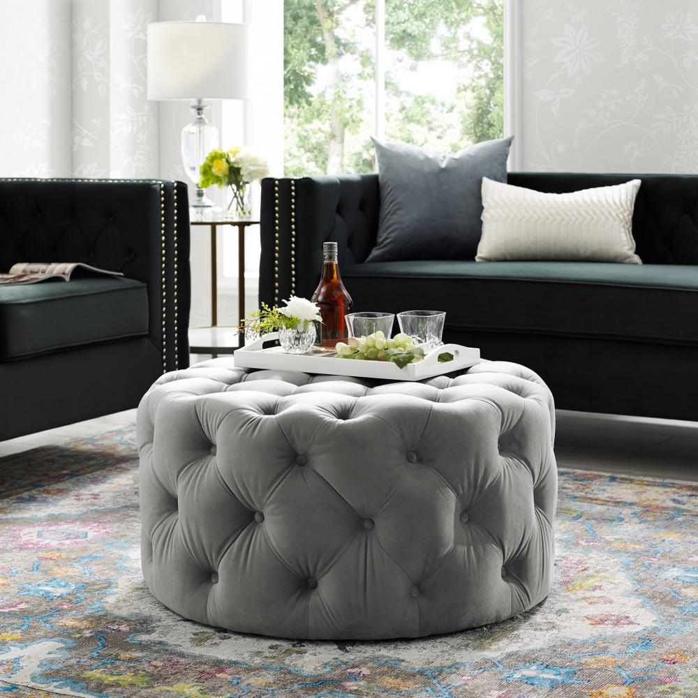 33" Gray Velvet And Black Rolling Tufted Round Cocktail Ottoman. Picture 6