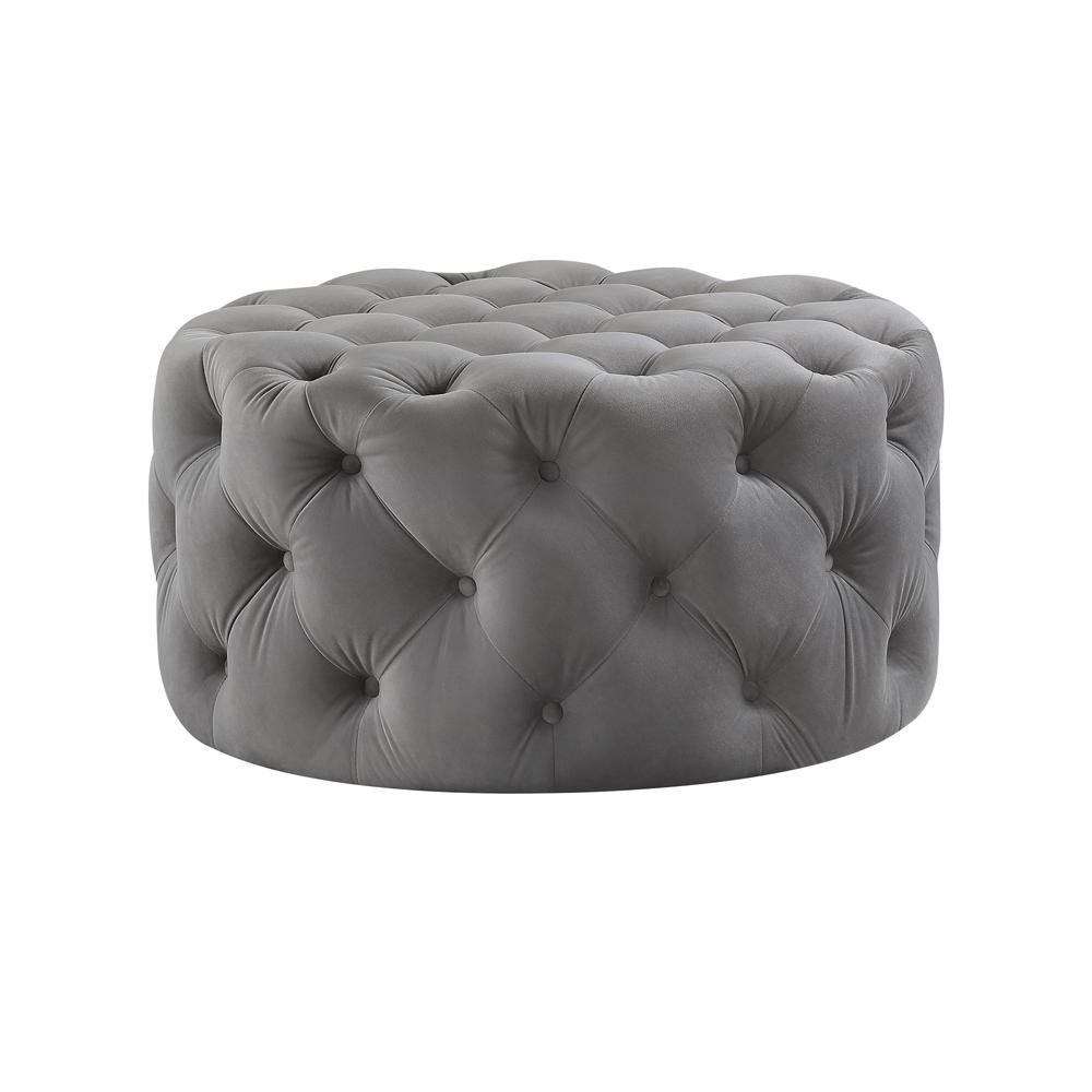 33" Gray Velvet And Black Rolling Tufted Round Cocktail Ottoman. Picture 1