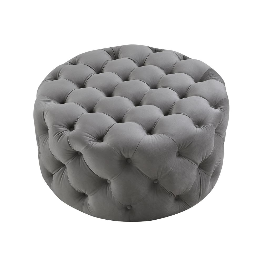 33" Gray Velvet And Black Rolling Tufted Round Cocktail Ottoman. Picture 2