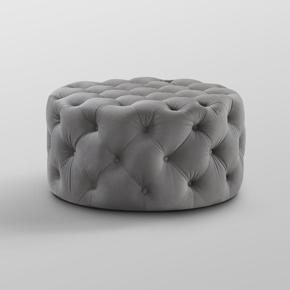 33" Gray Velvet And Black Rolling Tufted Round Cocktail Ottoman. Picture 5