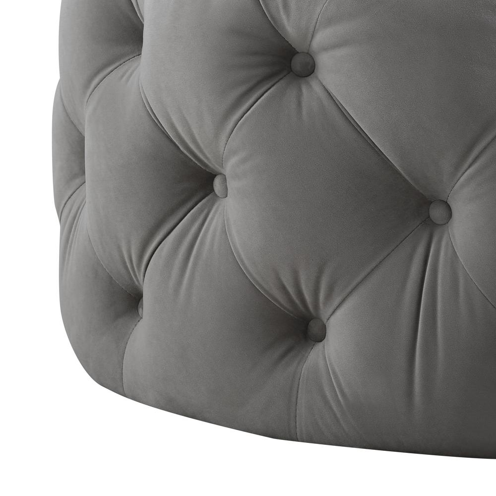 33" Gray Velvet And Black Rolling Tufted Round Cocktail Ottoman. Picture 4