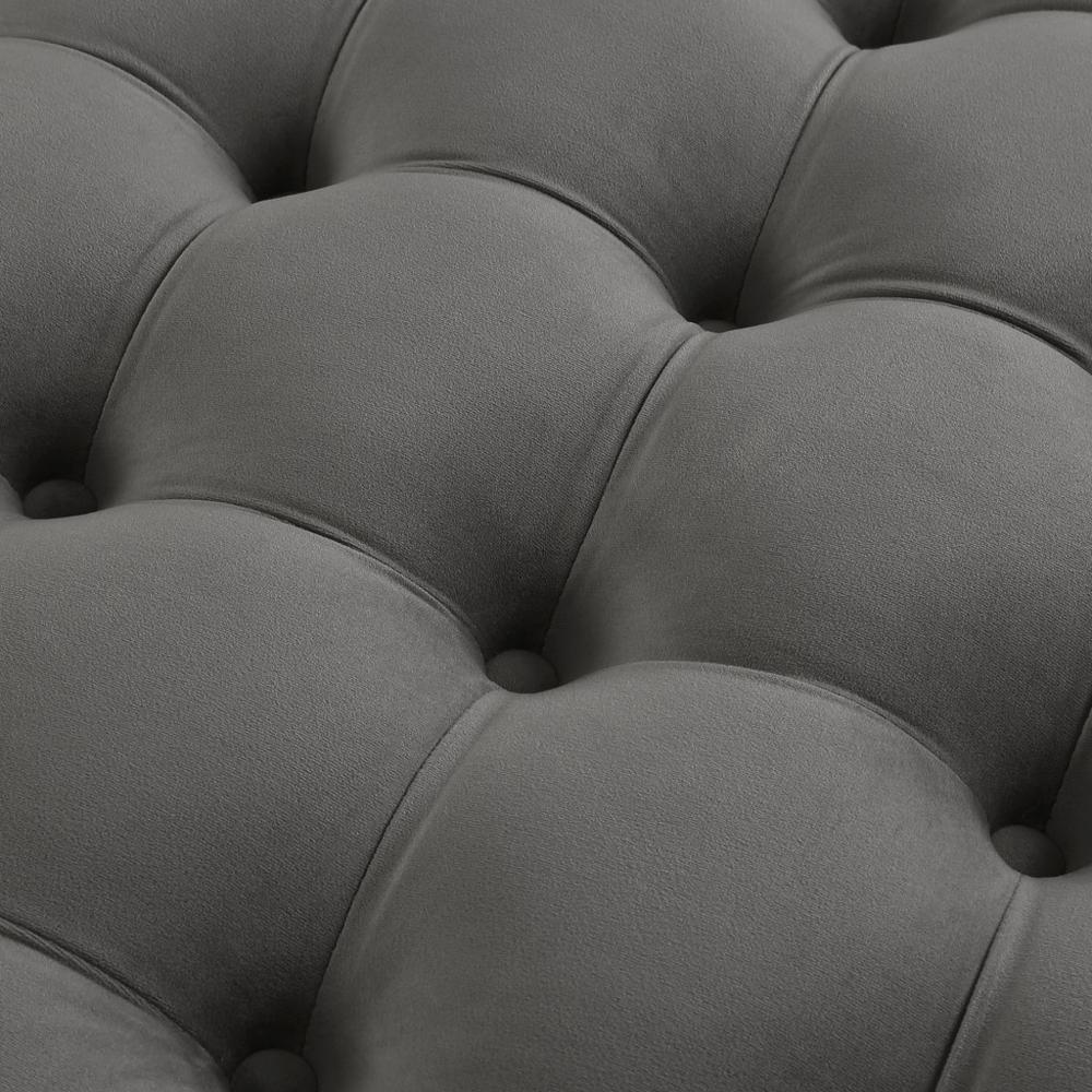 33" Gray Velvet And Black Rolling Tufted Round Cocktail Ottoman. Picture 8