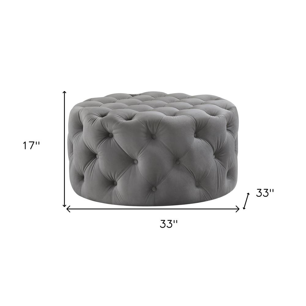 33" Gray Velvet And Black Rolling Tufted Round Cocktail Ottoman. Picture 7