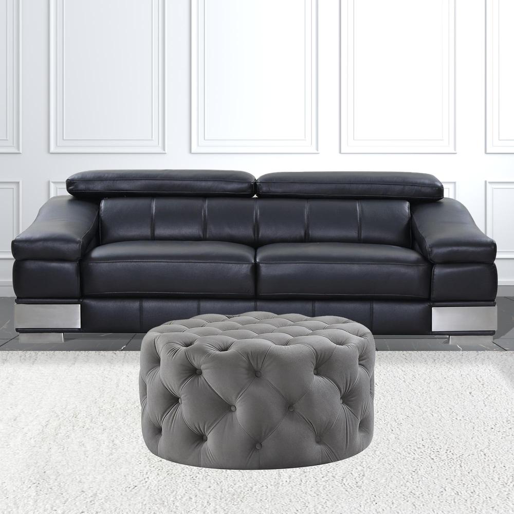 33" Gray Velvet And Black Rolling Tufted Round Cocktail Ottoman. Picture 3