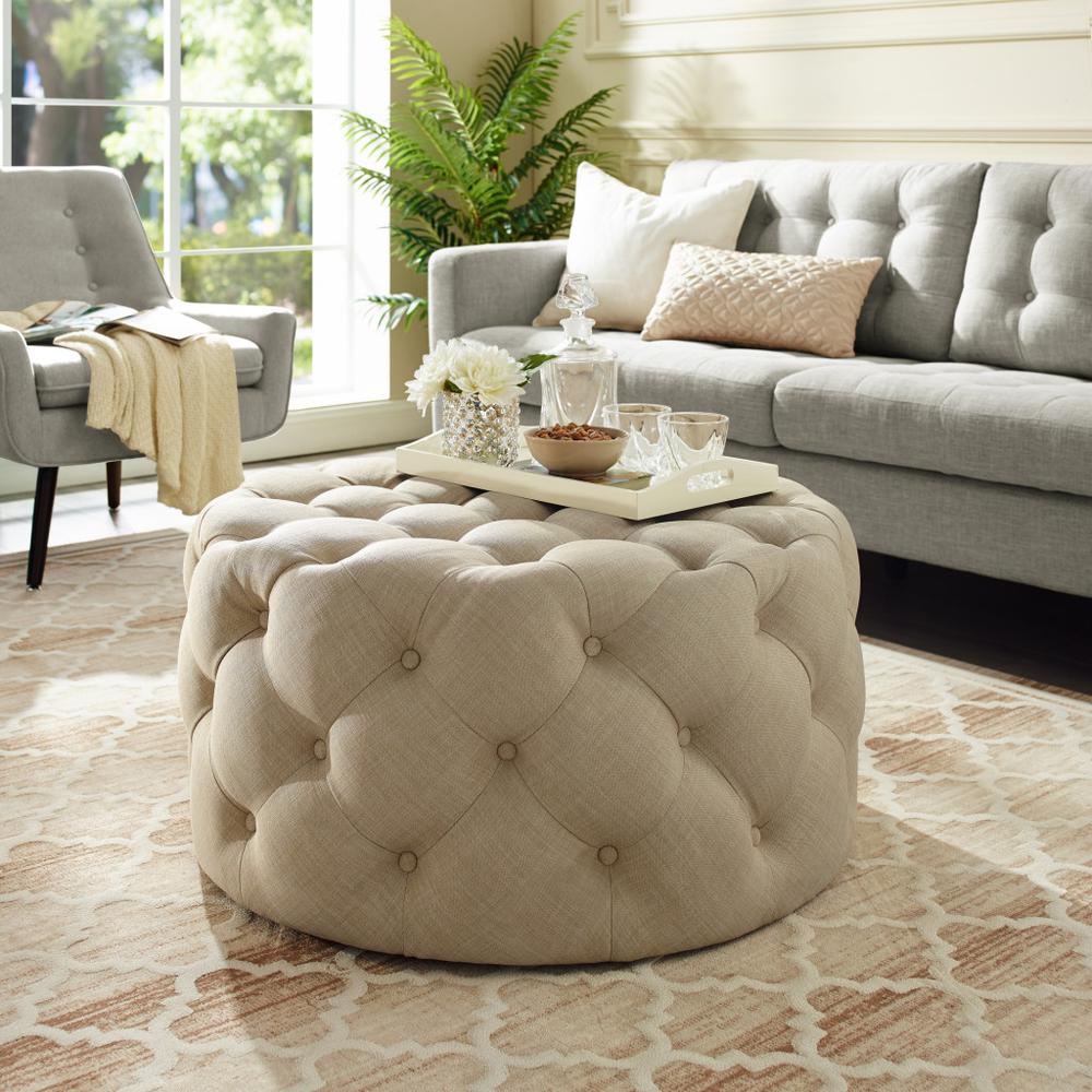 33" Beige Linen And Black Rolling Tufted Round Cocktail Ottoman. Picture 6