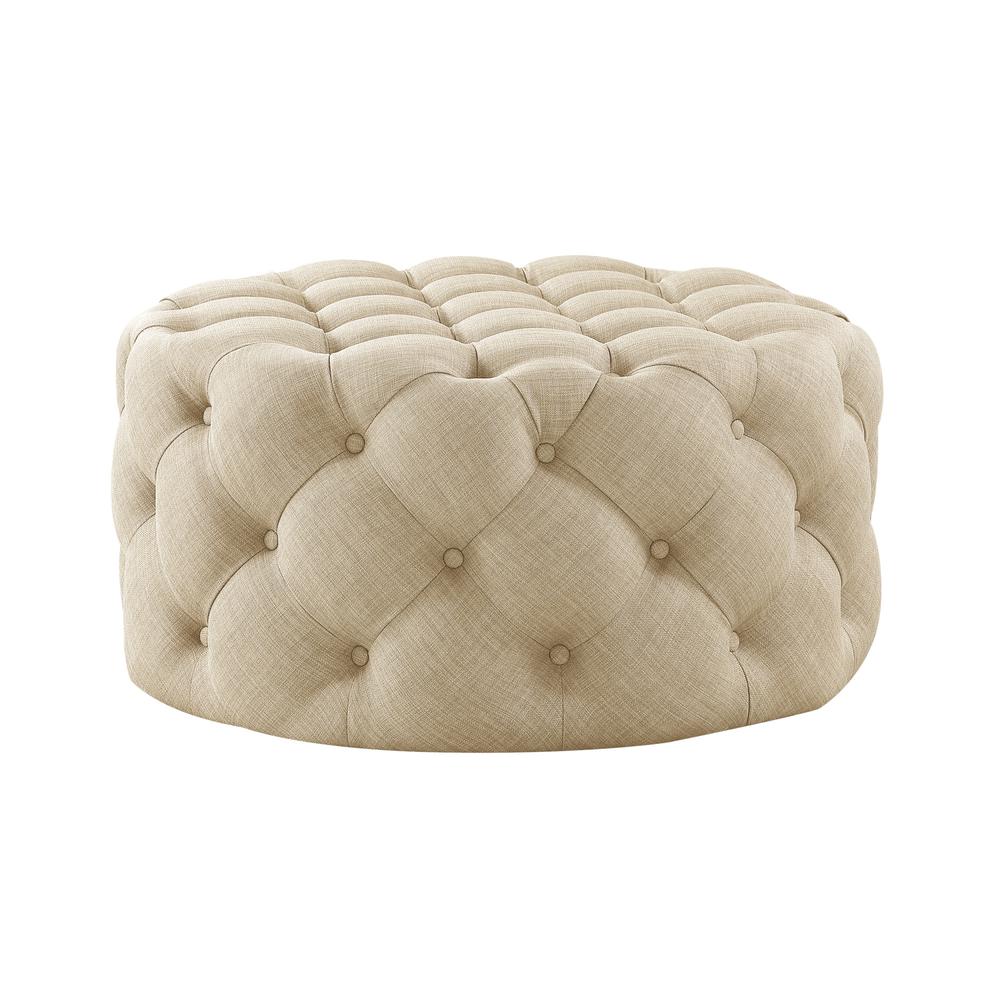 33" Beige Linen And Black Rolling Tufted Round Cocktail Ottoman. Picture 1
