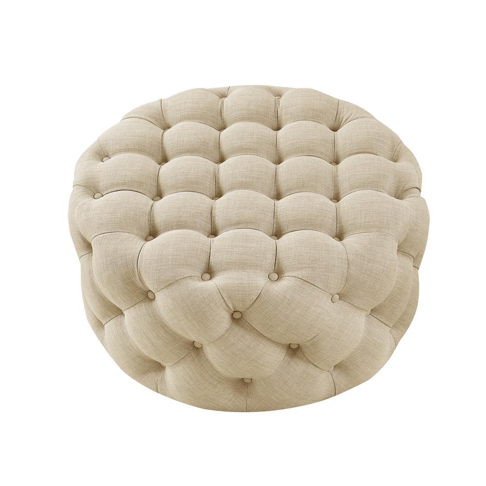 33" Beige Linen And Black Rolling Tufted Round Cocktail Ottoman. Picture 2