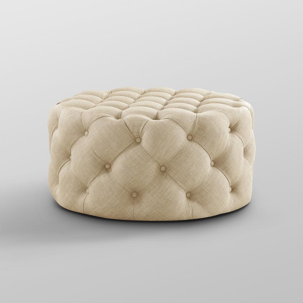 33" Beige Linen And Black Rolling Tufted Round Cocktail Ottoman. Picture 5