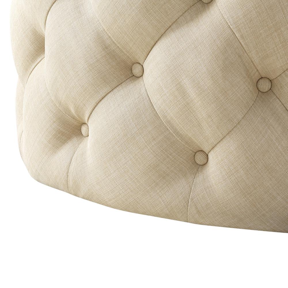 33" Beige Linen And Black Rolling Tufted Round Cocktail Ottoman. Picture 4
