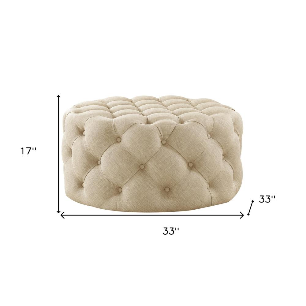 33" Beige Linen And Black Rolling Tufted Round Cocktail Ottoman. Picture 7