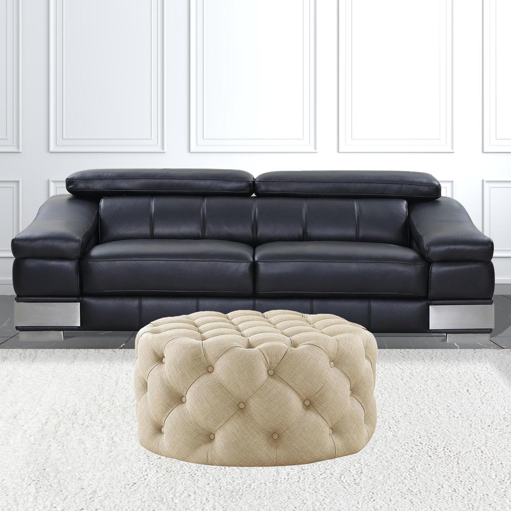 33" Beige Linen And Black Rolling Tufted Round Cocktail Ottoman. Picture 3