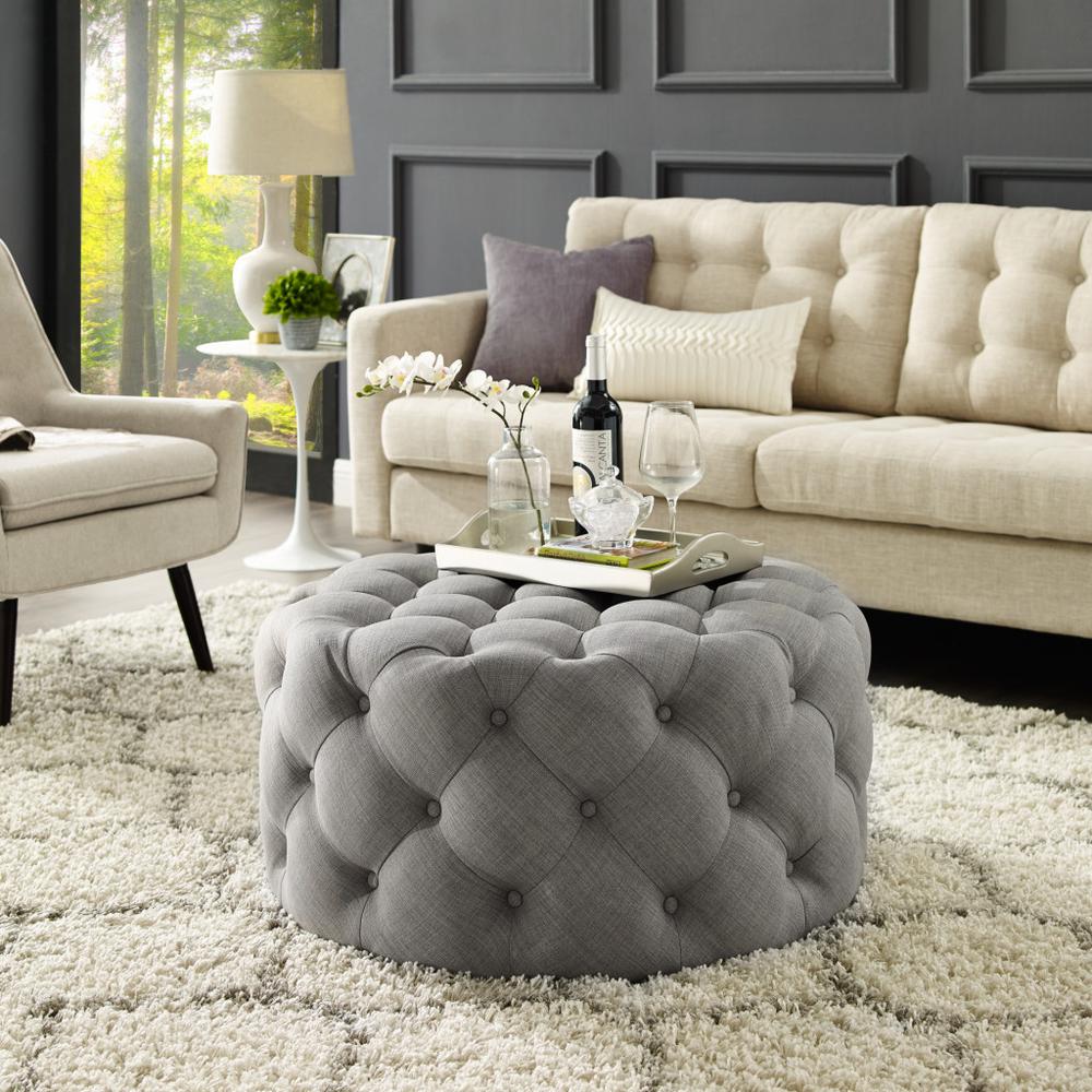 33" Light Gray Linen And Black Rolling Tufted Round Cocktail Ottoman. Picture 6