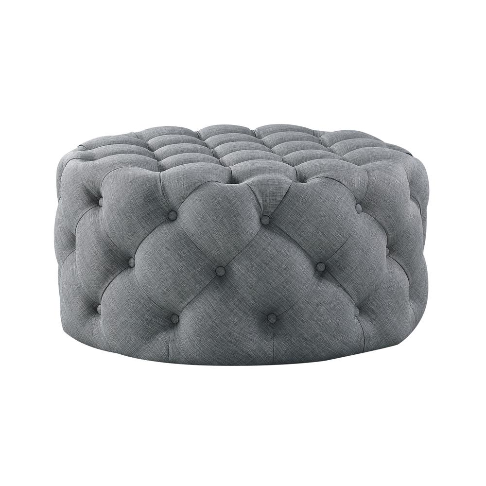 33" Light Gray Linen And Black Rolling Tufted Round Cocktail Ottoman. Picture 1