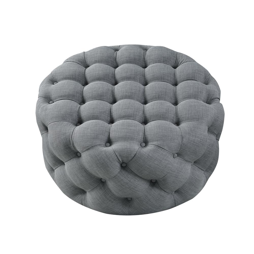 33" Light Gray Linen And Black Rolling Tufted Round Cocktail Ottoman. Picture 2