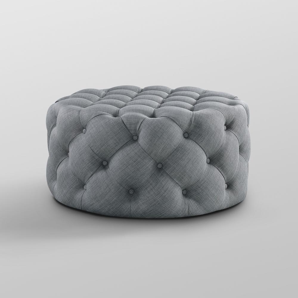 33" Light Gray Linen And Black Rolling Tufted Round Cocktail Ottoman. Picture 5