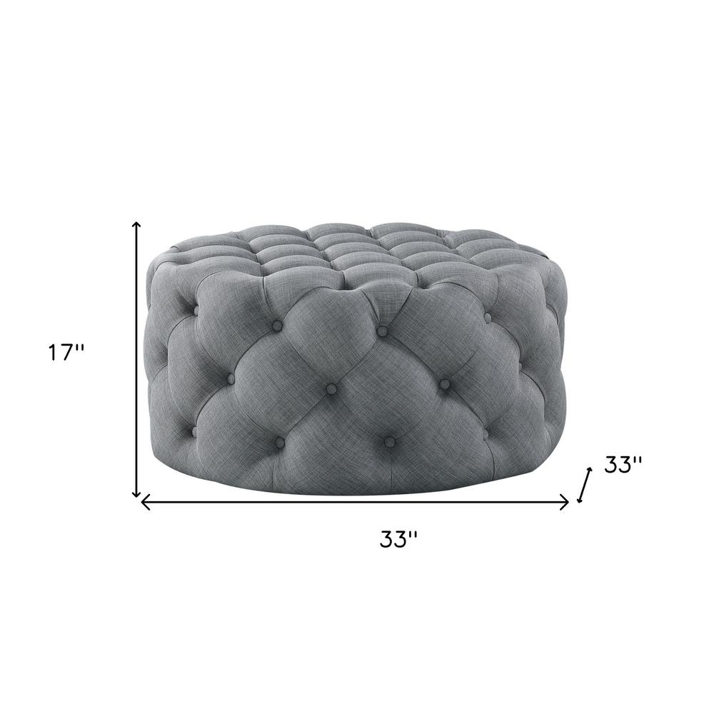 33" Light Gray Linen And Black Rolling Tufted Round Cocktail Ottoman. Picture 7