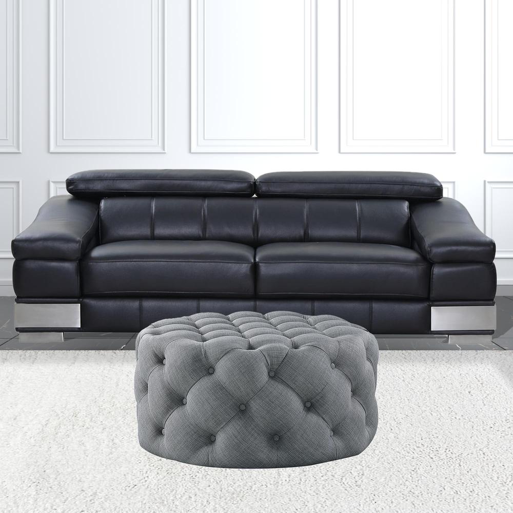 33" Light Gray Linen And Black Rolling Tufted Round Cocktail Ottoman. Picture 3