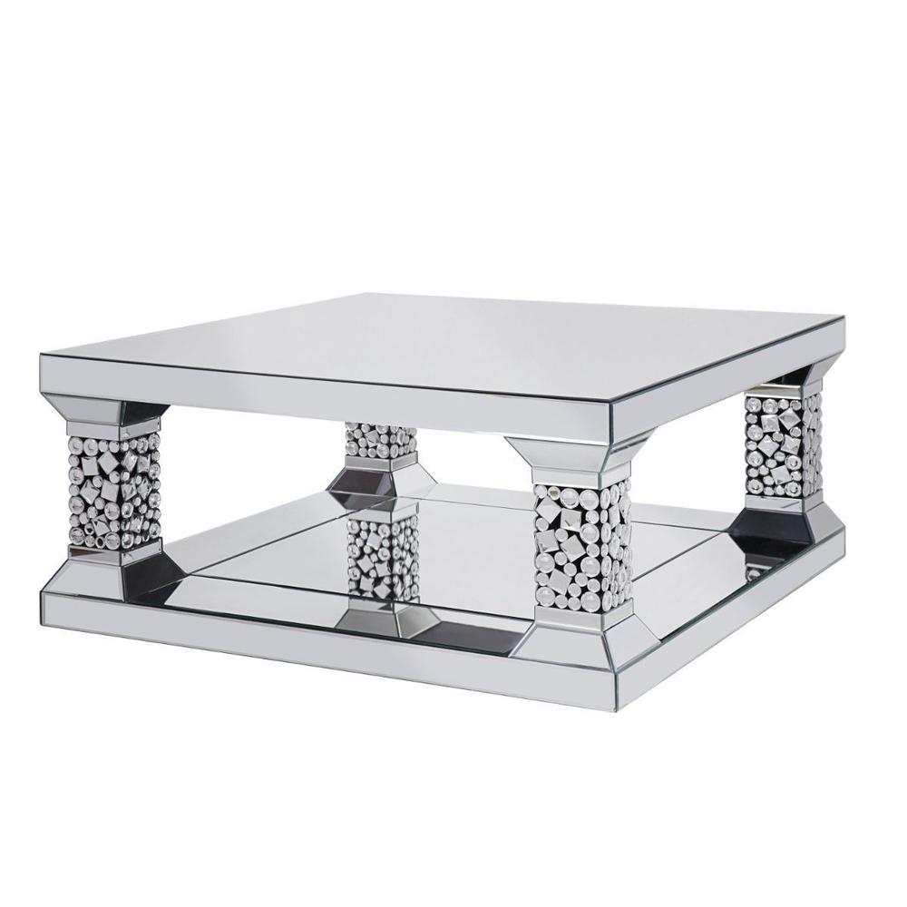 40" Silver Mirrored Square Mirrored Coffee Table. Picture 1