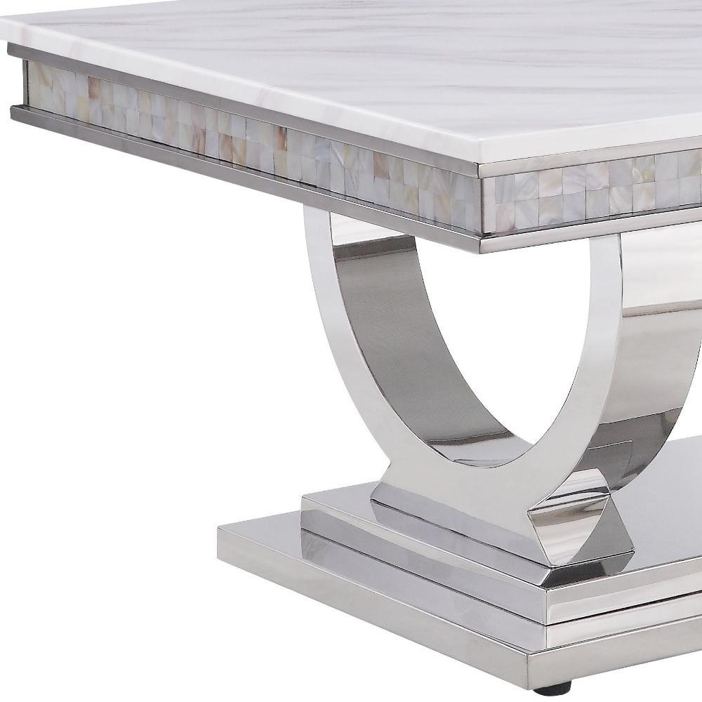 51" Silver And White Artificial Marble Rectangular Mirrored Coffee Table. Picture 3