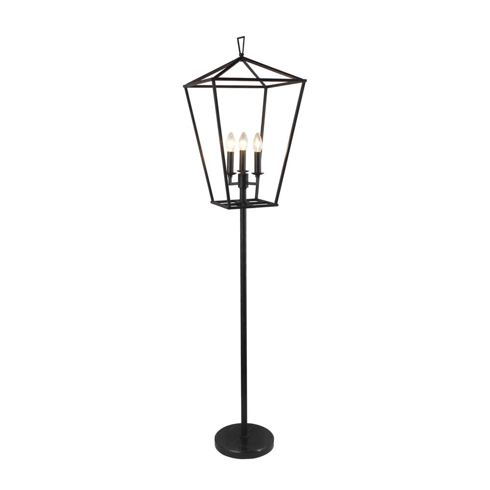 64" Black Three Light Floor Lamp With Black Geometric Shade. Picture 1