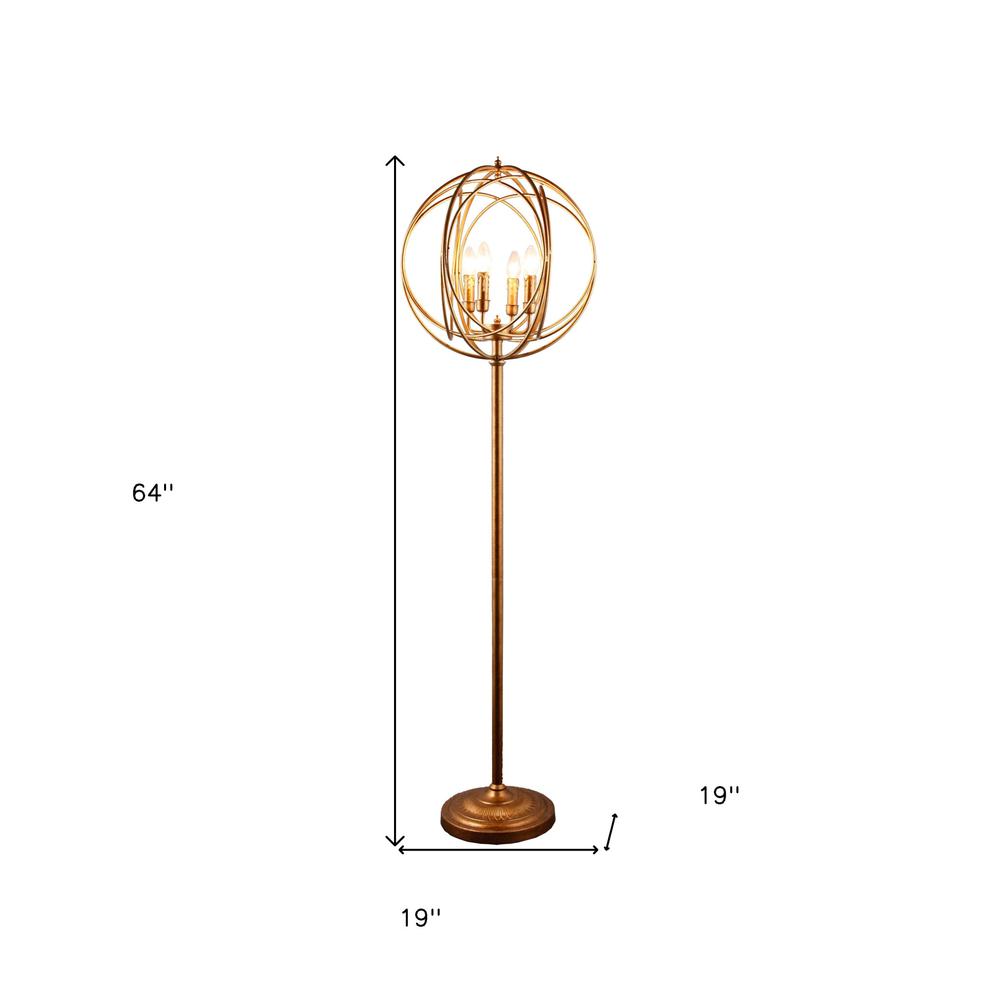 64" Gold Four Light  Floor Lamp With Modern Gold Geometric Globe Shade. Picture 5